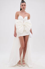 SHE IS THE MOMENT MINI DRESS WITH TRAIN IN WHITE