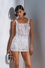 SHINE BRIGHT CROCHET SEQUIN MINI DRESS IN WHITE