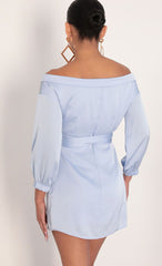 Lorella Off Shoulder Wrap Dress in Dusty Blue