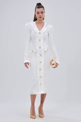 SAKURA BANDAGE RUFFLE MIDI DRESS IN WHITE