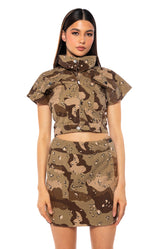 WE RIDE CAMO BUTTON DOWN AND MINI SKIRT SET IN BROWN