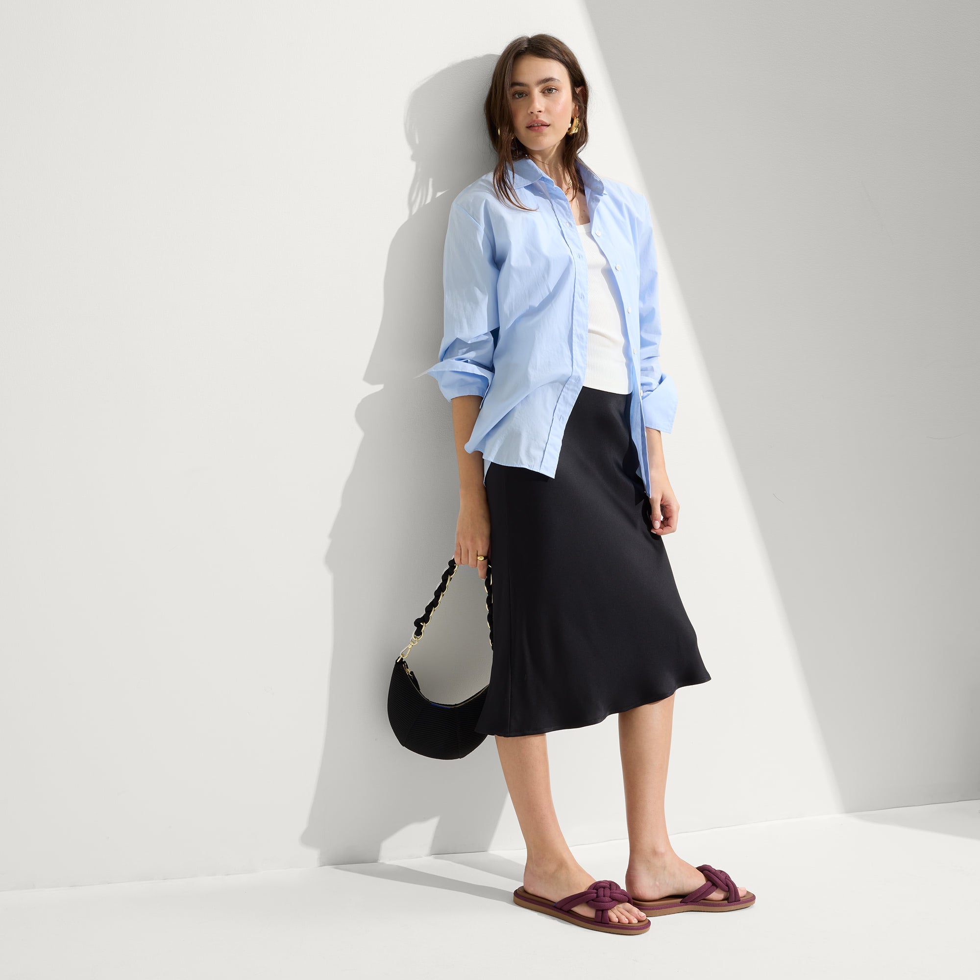 Alternate view of a model wearing The Summer Sandal in Blackberry.