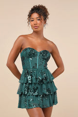 Definite Glamour Gold Mesh Sequin Bustier Tiered Mini Dress