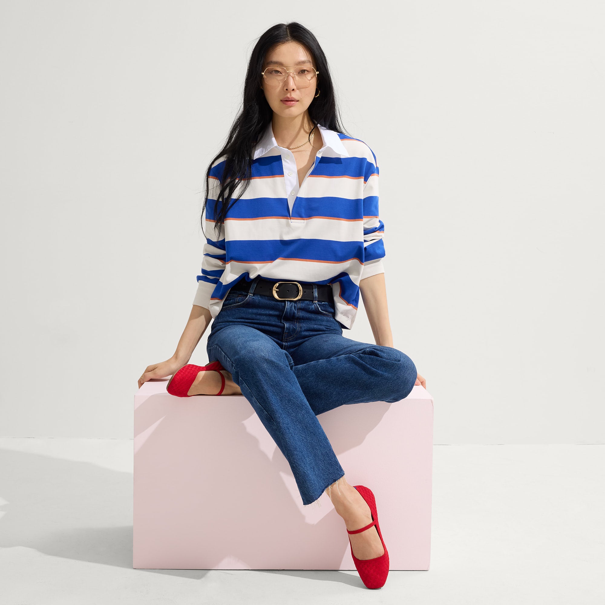 Alternate view of a model wearing The Max Square Mary Jane in Red Crisp Basketweave.
