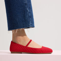 hover | Model wearing The Max Square Mary Jane in Red Crisp Basketweave.
