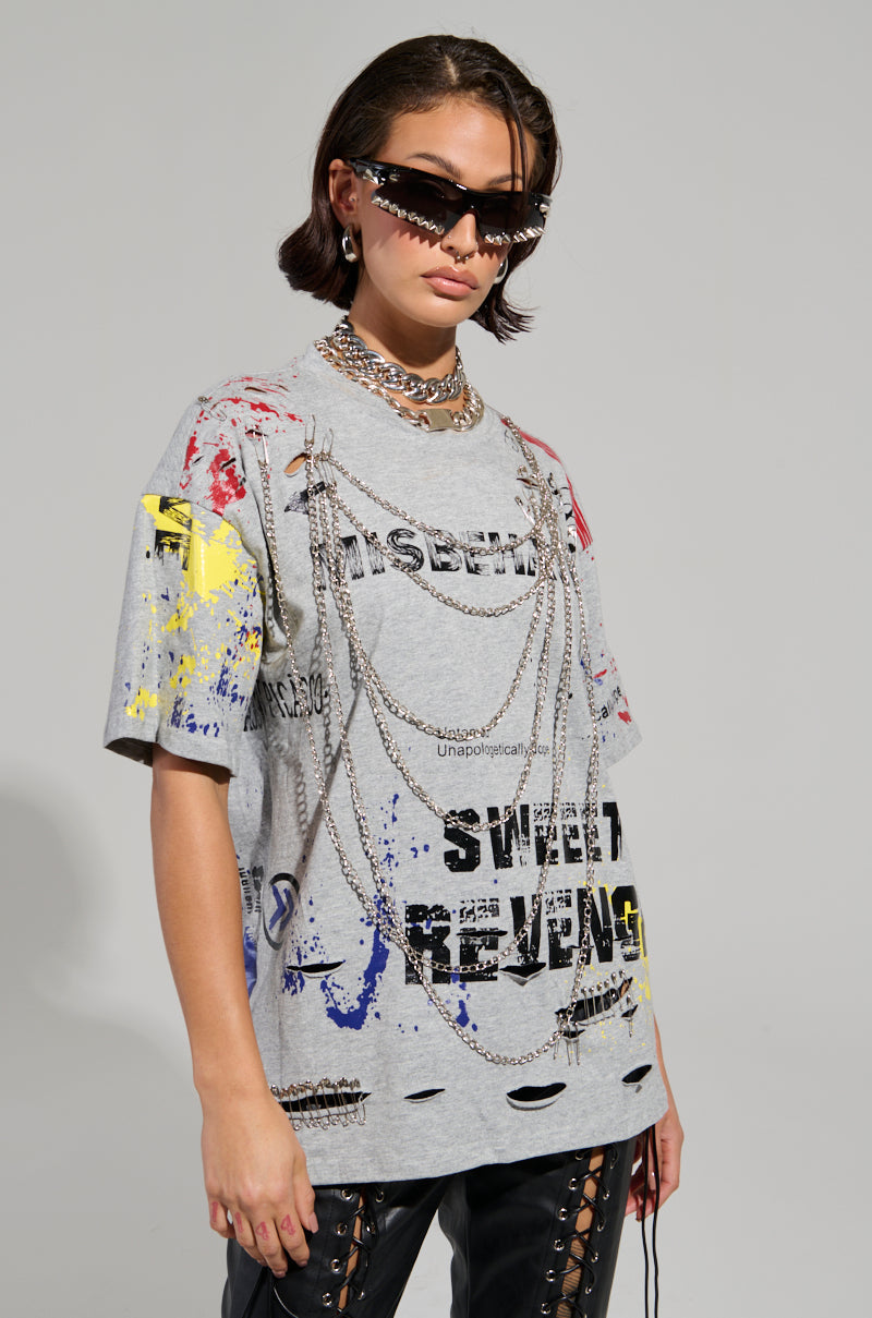 SWEET REVENGE DISTRESSED T-SHIRT IN GREY