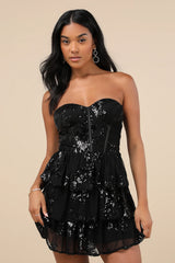 Definite Glamour Gold Mesh Sequin Bustier Tiered Mini Dress
