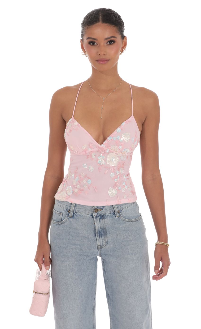 Open Back Sequin Floral Top in Pink