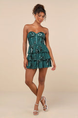 Definite Glamour Gold Mesh Sequin Bustier Tiered Mini Dress