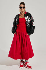 SITTING PRETTY POPLIN MIDI DRESS IN RED