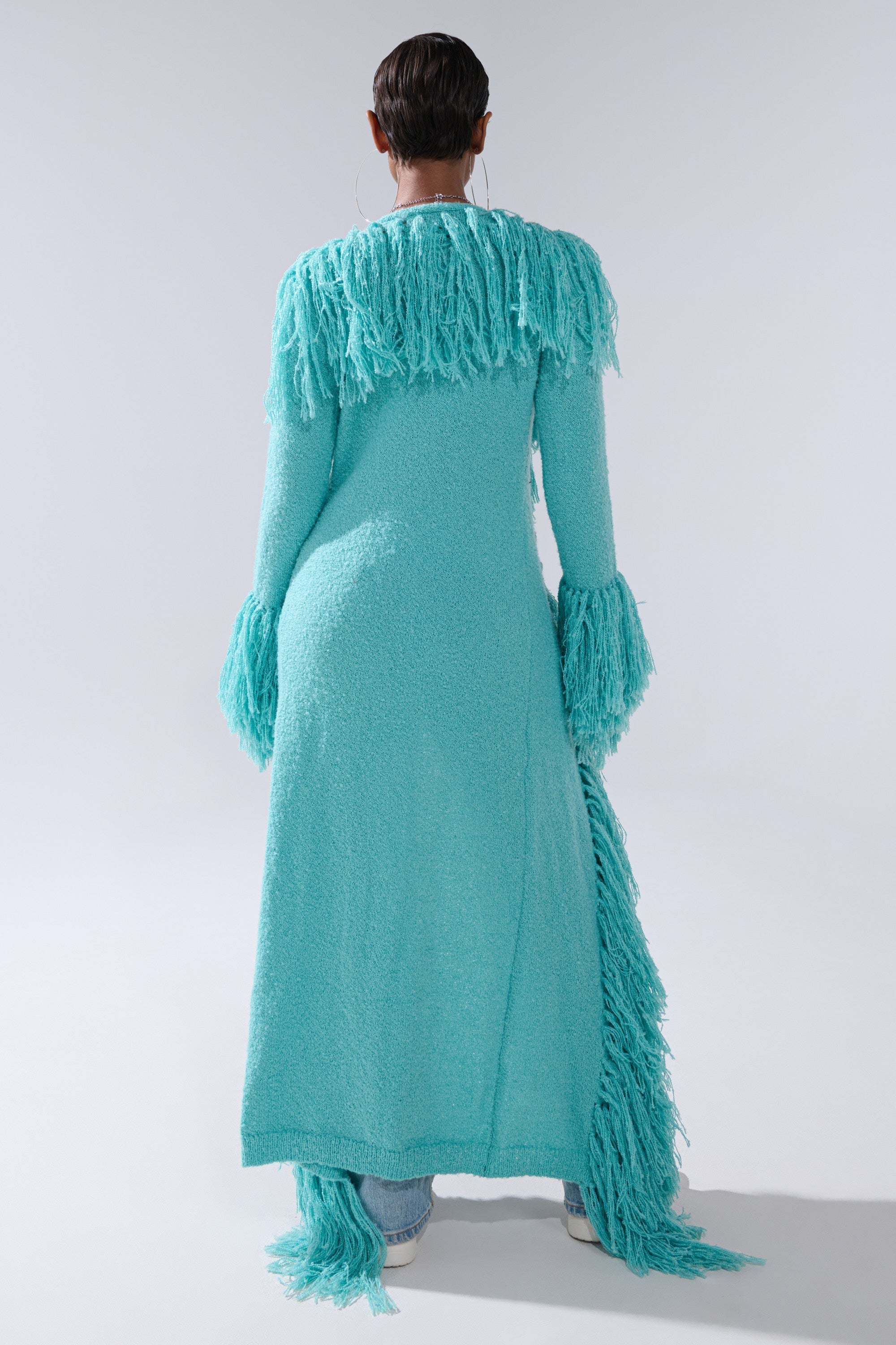 BURRR IT'S COLD OUTSIDE FRINGE OVERSIZED SWEATER IN TURQUOISE