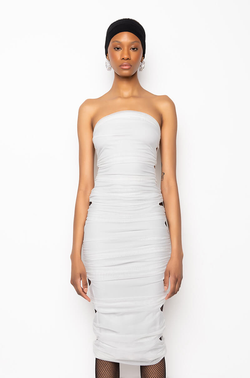 ALL RUCHED UP MESH MIDI TUBE DRESS