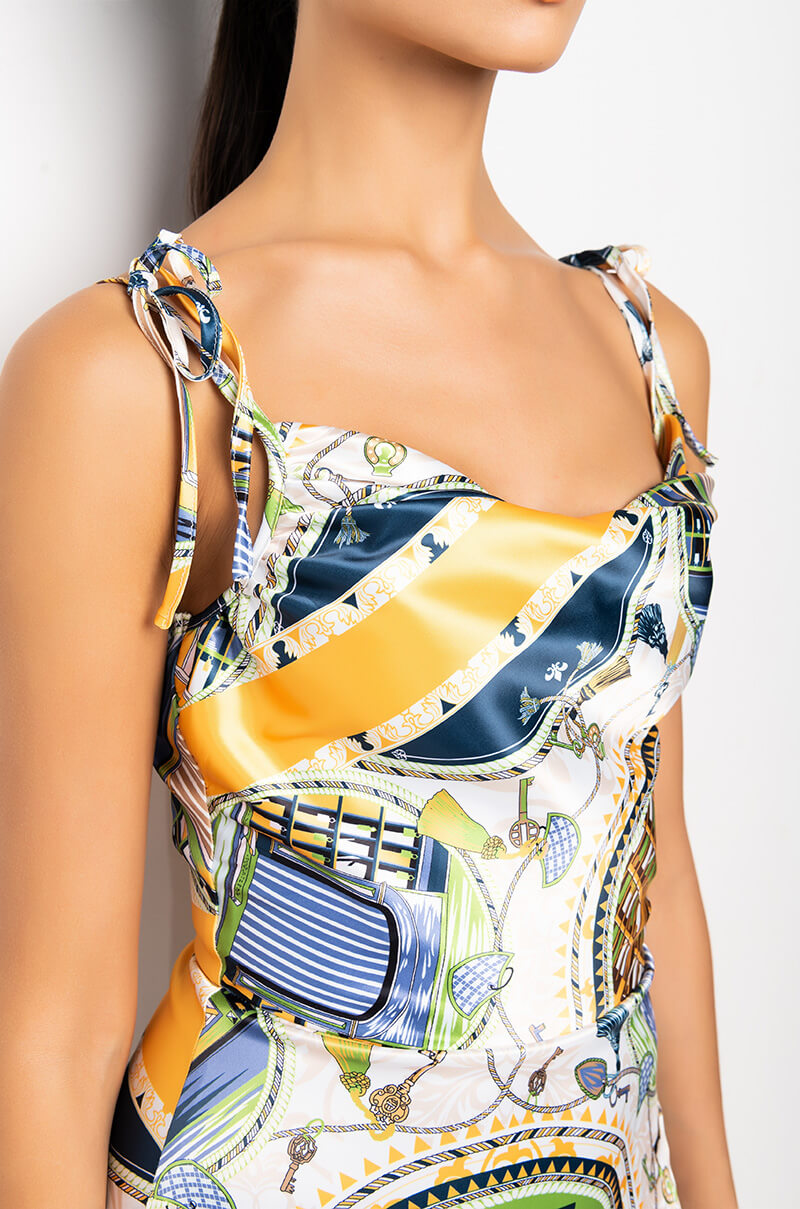 DON'T PLAY ME SCARF PRINT SATIN MINI DRESS