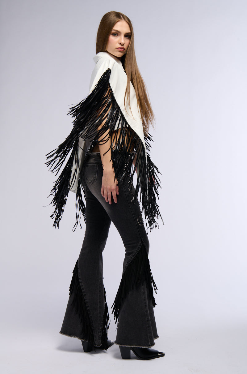 FLY HIGH FAUX LEATHER TOP WITH FRINGE