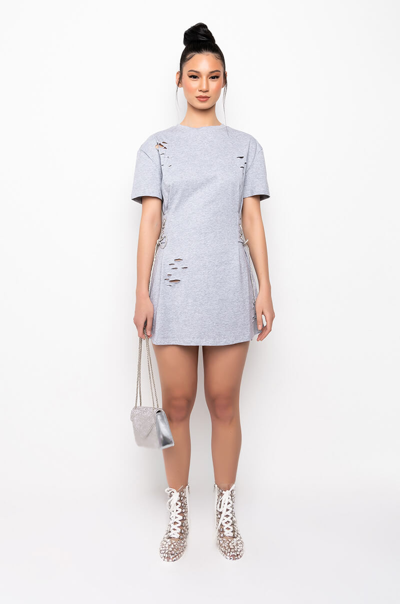 LACE UP RHINESTONE TSHIRT DRESS