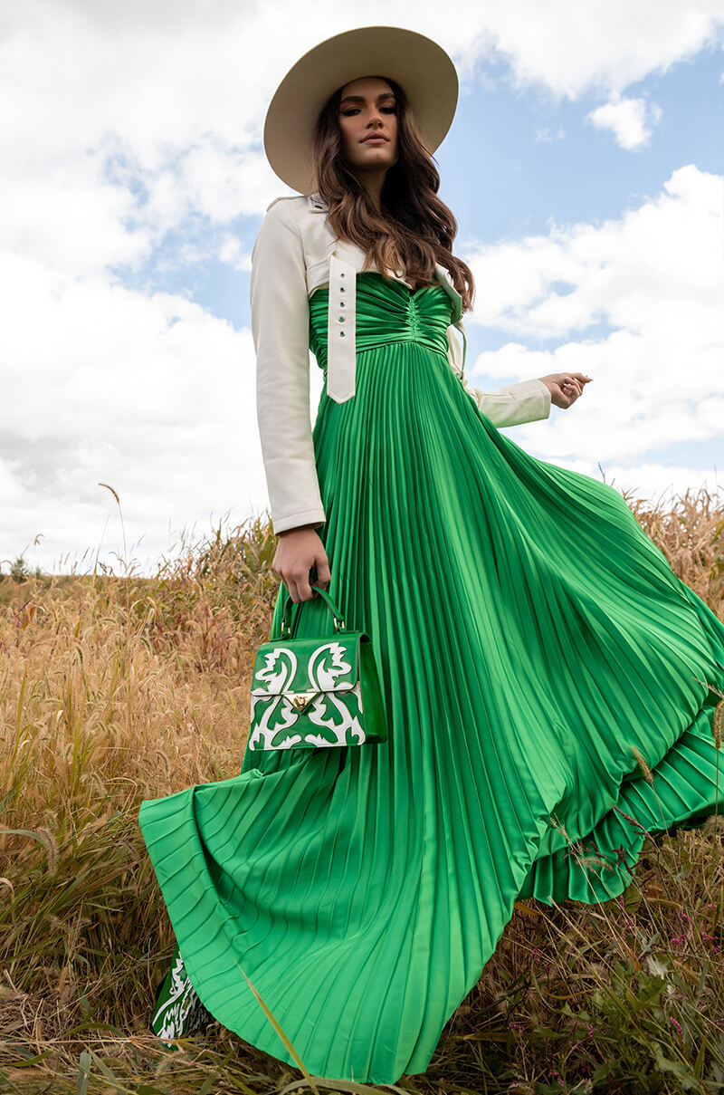 LILY PLEATED SATIN MAXI DRESS