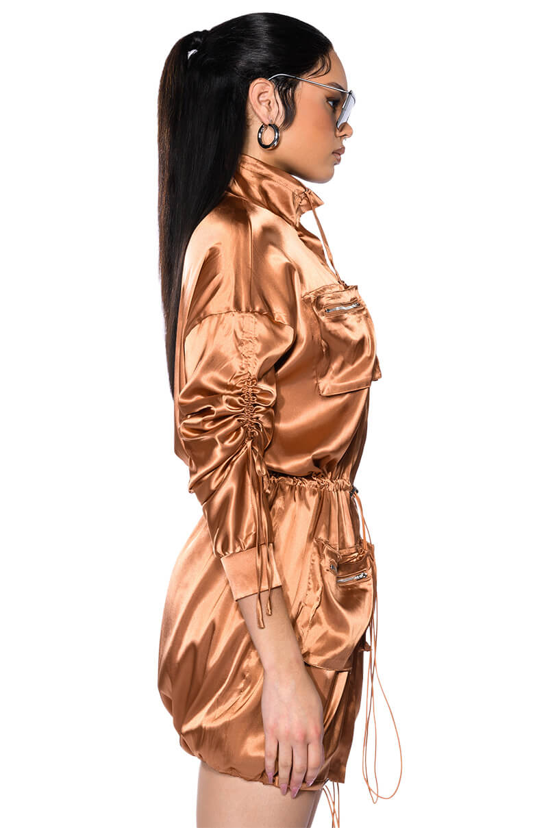 ON THE ROAD SATIN UTILITY MINI DRESS