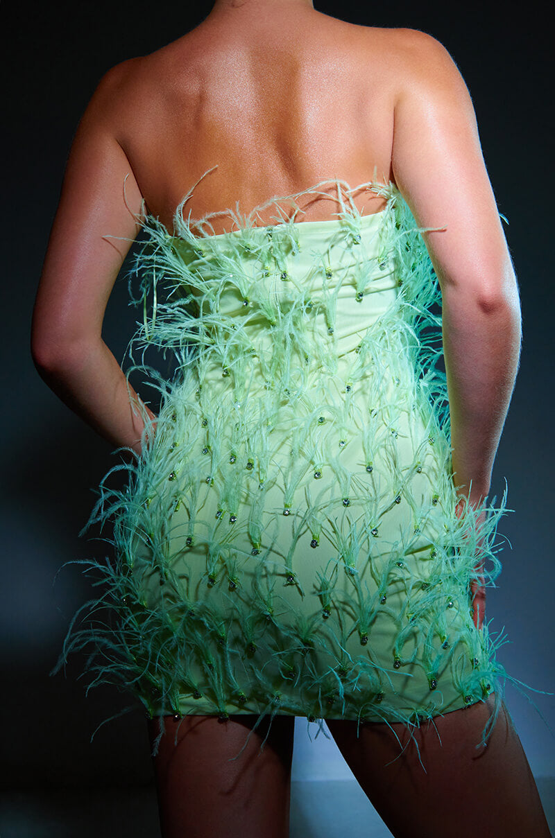 PRIMROSE STRAPLESS FEATHER MINI DRESS