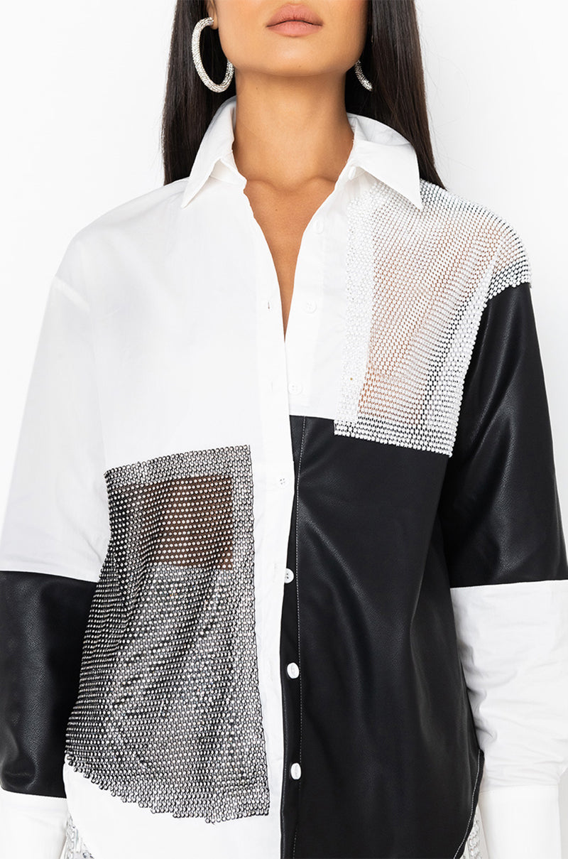 SAY IT AGAIN BUTTON UP BLOUSE WITH RHINESTONE TRIM