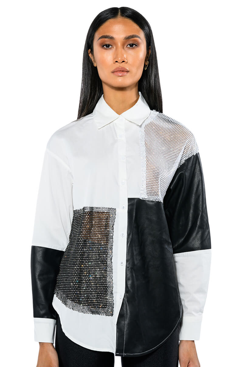 SAY IT AGAIN BUTTON UP BLOUSE WITH RHINESTONE TRIM