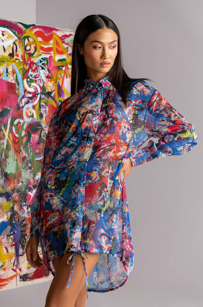SKYART X AKIRA CHIFFON BUTTON UP MINI DRESS