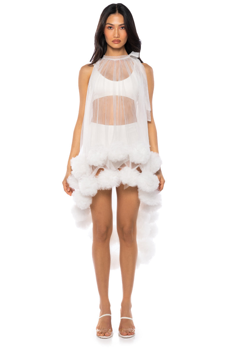 SONYA POM POM DETAIL HIGH LOW SHEER DRESS IN WHITE