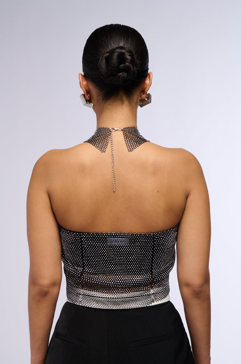 STAY CONNECTED COLLARED RHINESTONE MESH CROP TOP