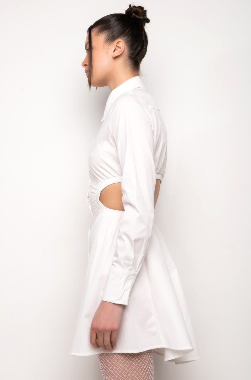 SUCH A LOOK OPEN BACK BUTTON UP FIT AND FLARE MINI DRESS