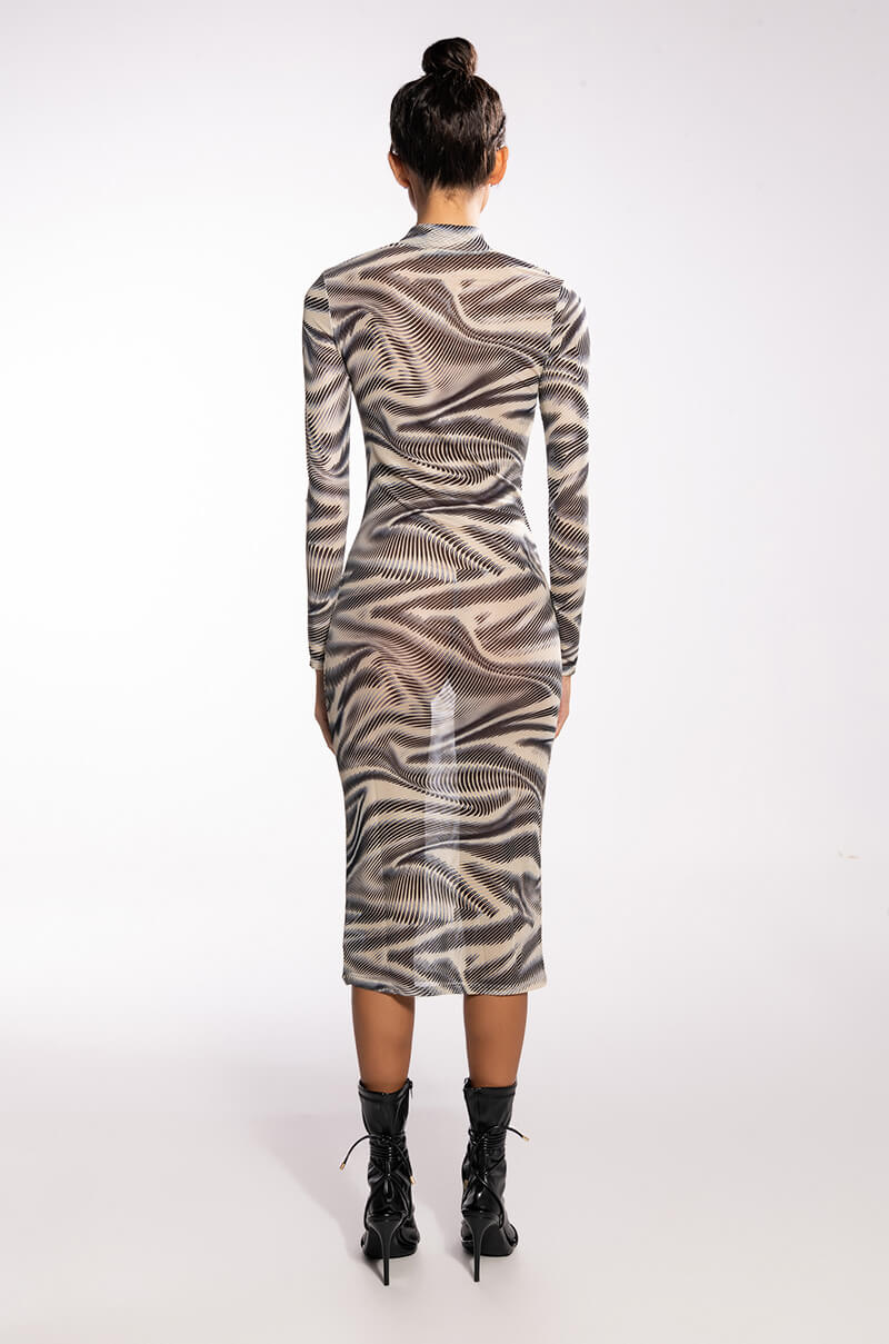 SWIRL PRINT MESH LONG SLEEVE MIDI DRESS