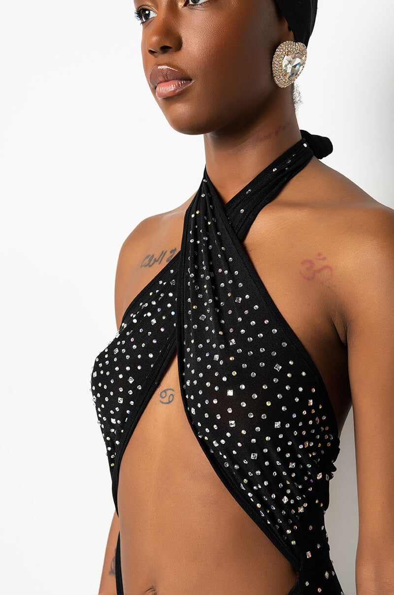 TALK ABOUT IT HIGH SLIT RHINESTONE MESH MAXI DRESS