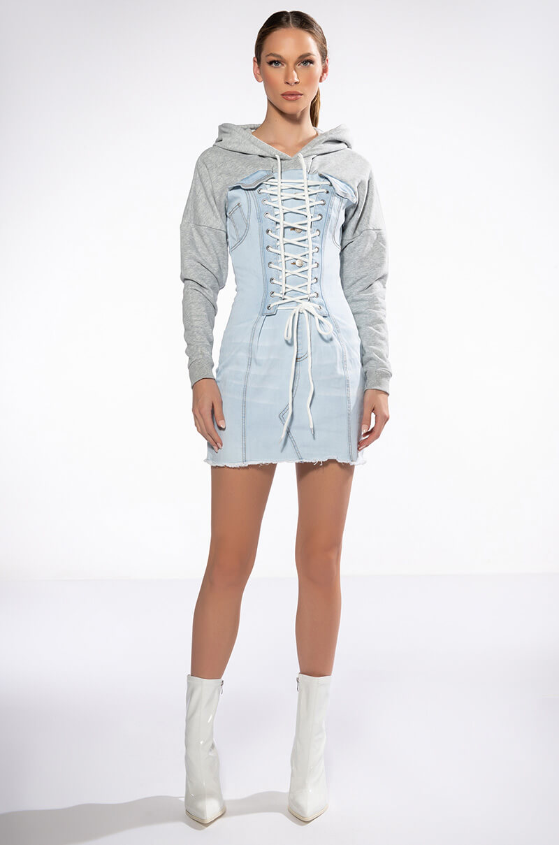 GINA LACE UP DENIM HOODED MINI DRESS