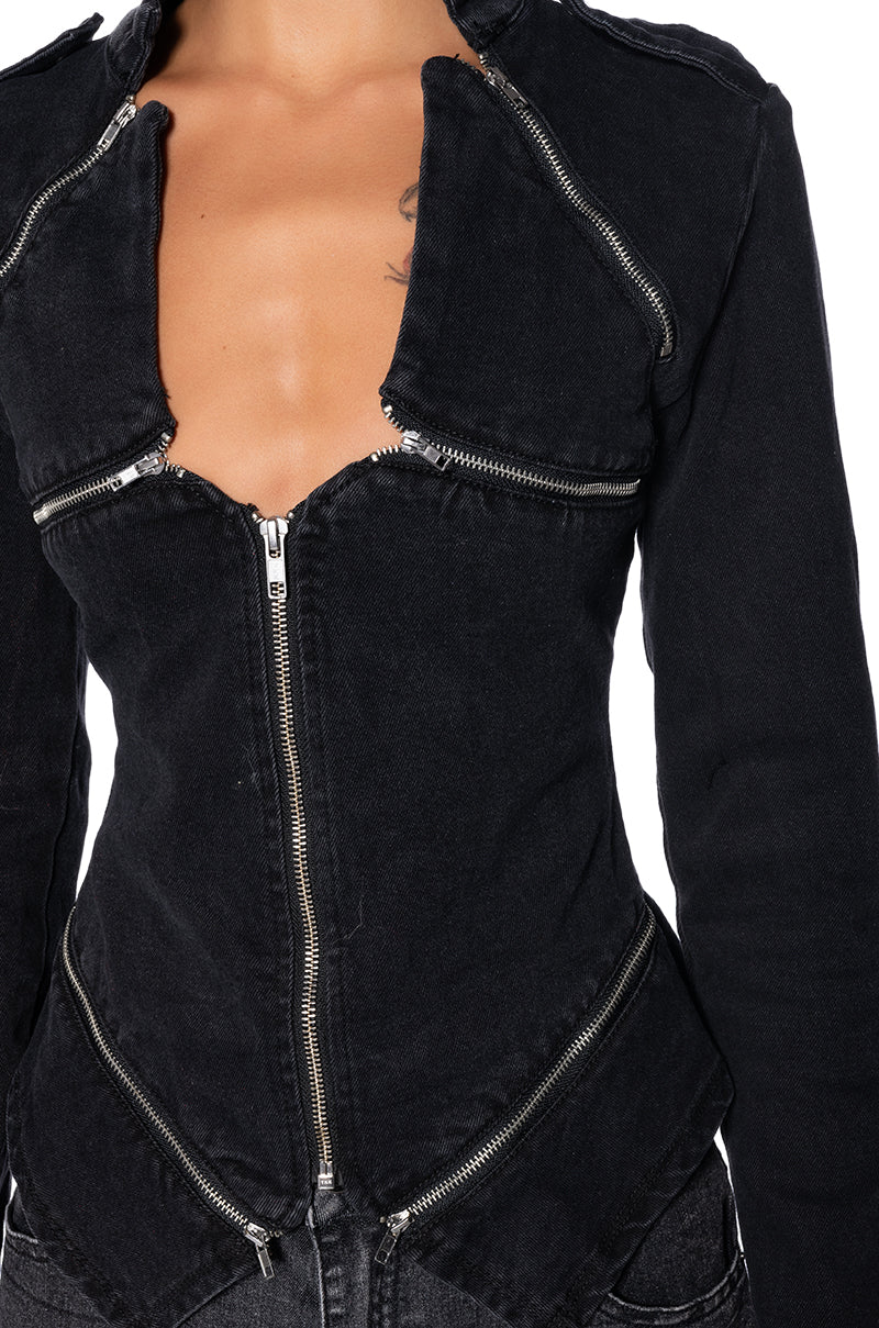 THE LYDIA ZIP UP DENIM JACKET TOP