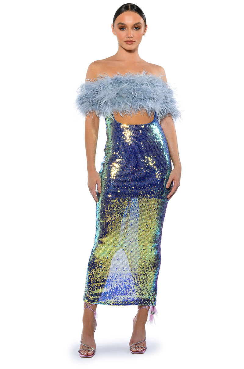 TOP TIER FEATHER DETAIL SEQUIN MAXI DRESS