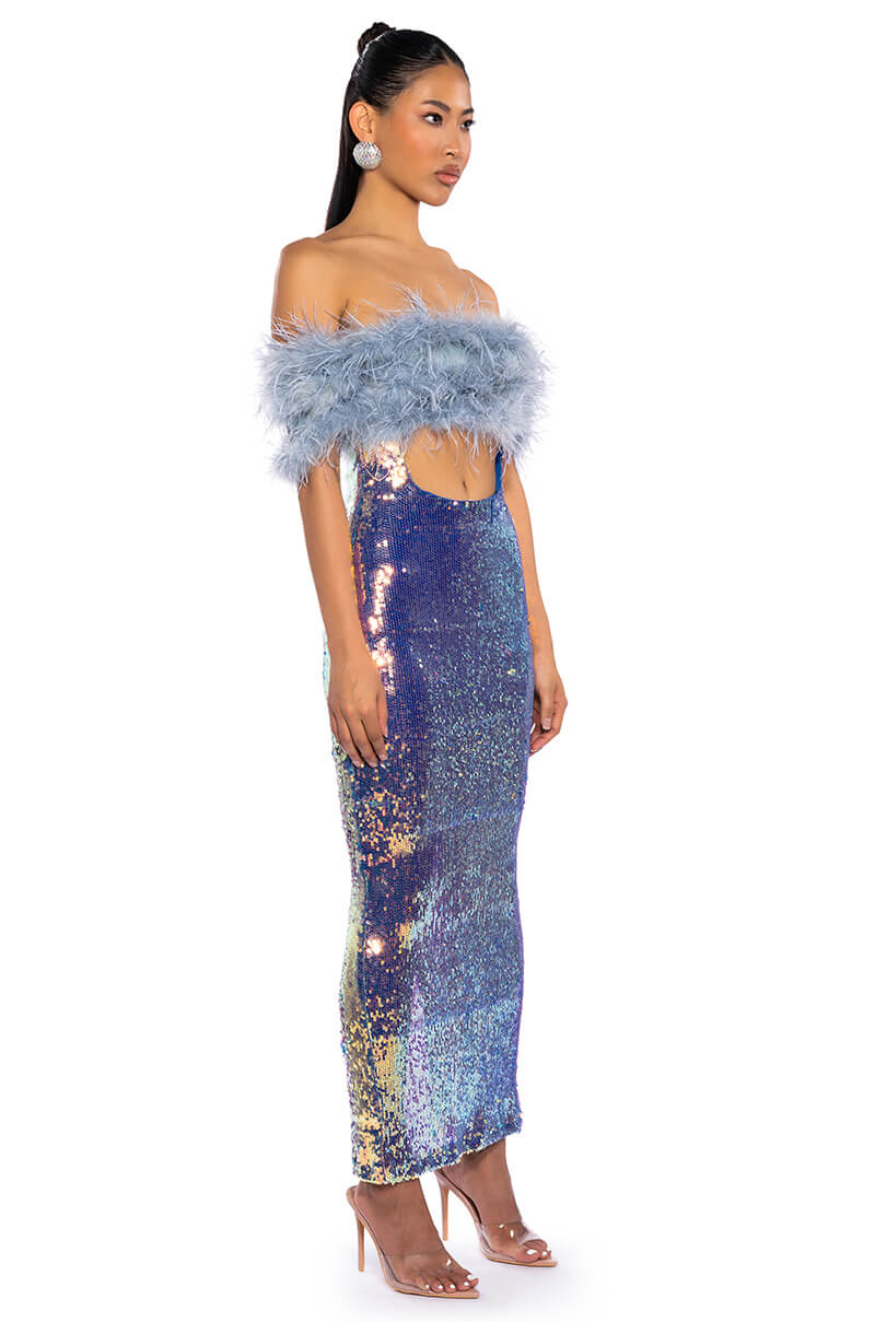 TOP TIER FEATHER DETAIL SEQUIN MAXI DRESS