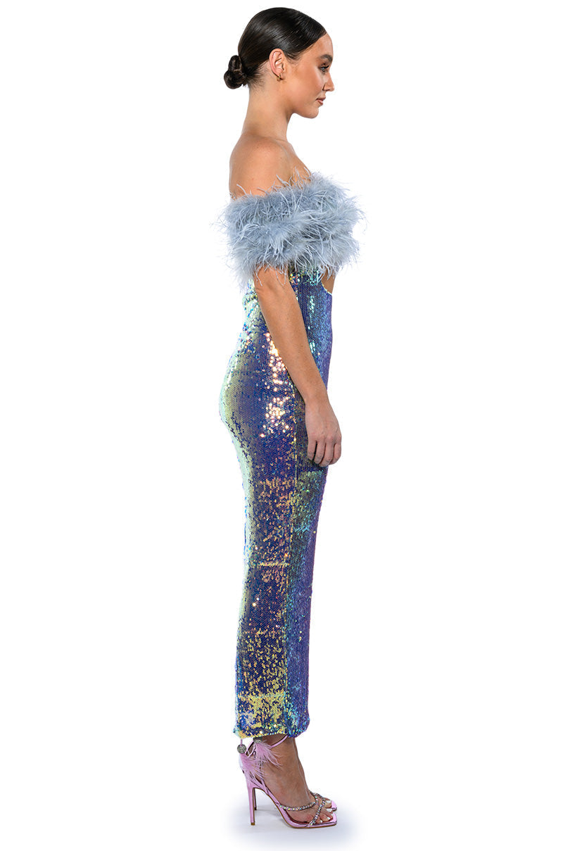 TOP TIER FEATHER DETAIL SEQUIN MAXI DRESS