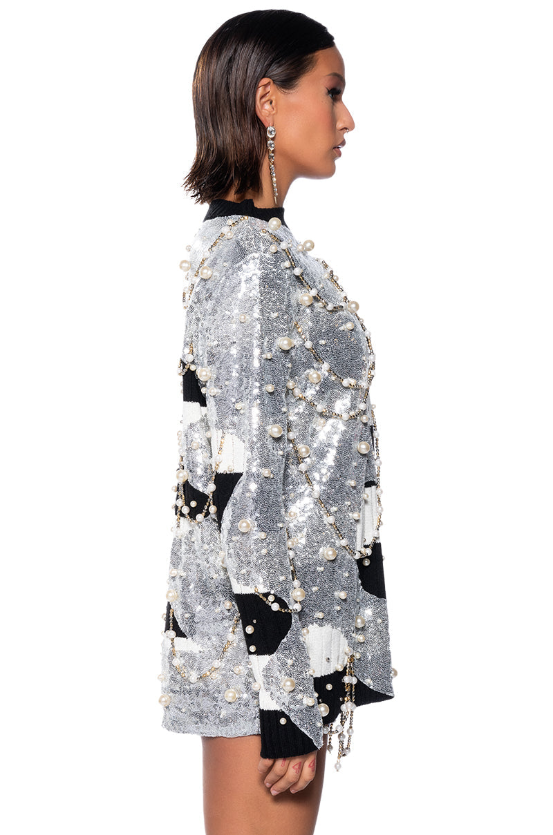 UNLIKE THE OTHERS PEARL AND SEQUINS DETAILED LONG SLEEVE SWEATER