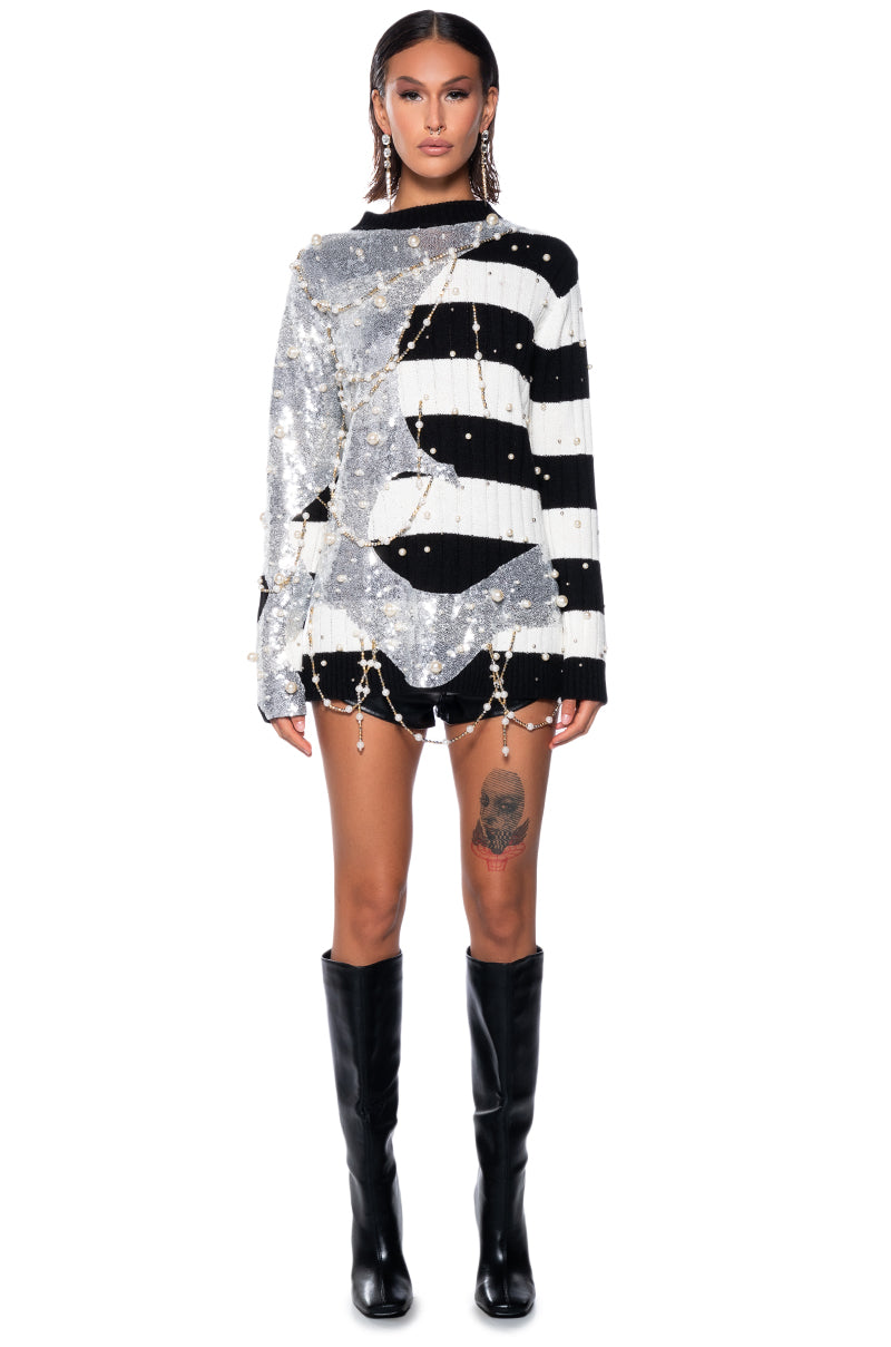 UNLIKE THE OTHERS PEARL AND SEQUINS DETAILED LONG SLEEVE SWEATER