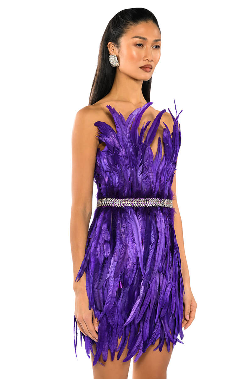 VIBRANT ALL OVER FEATHER STRAPLESS MINI DRESS