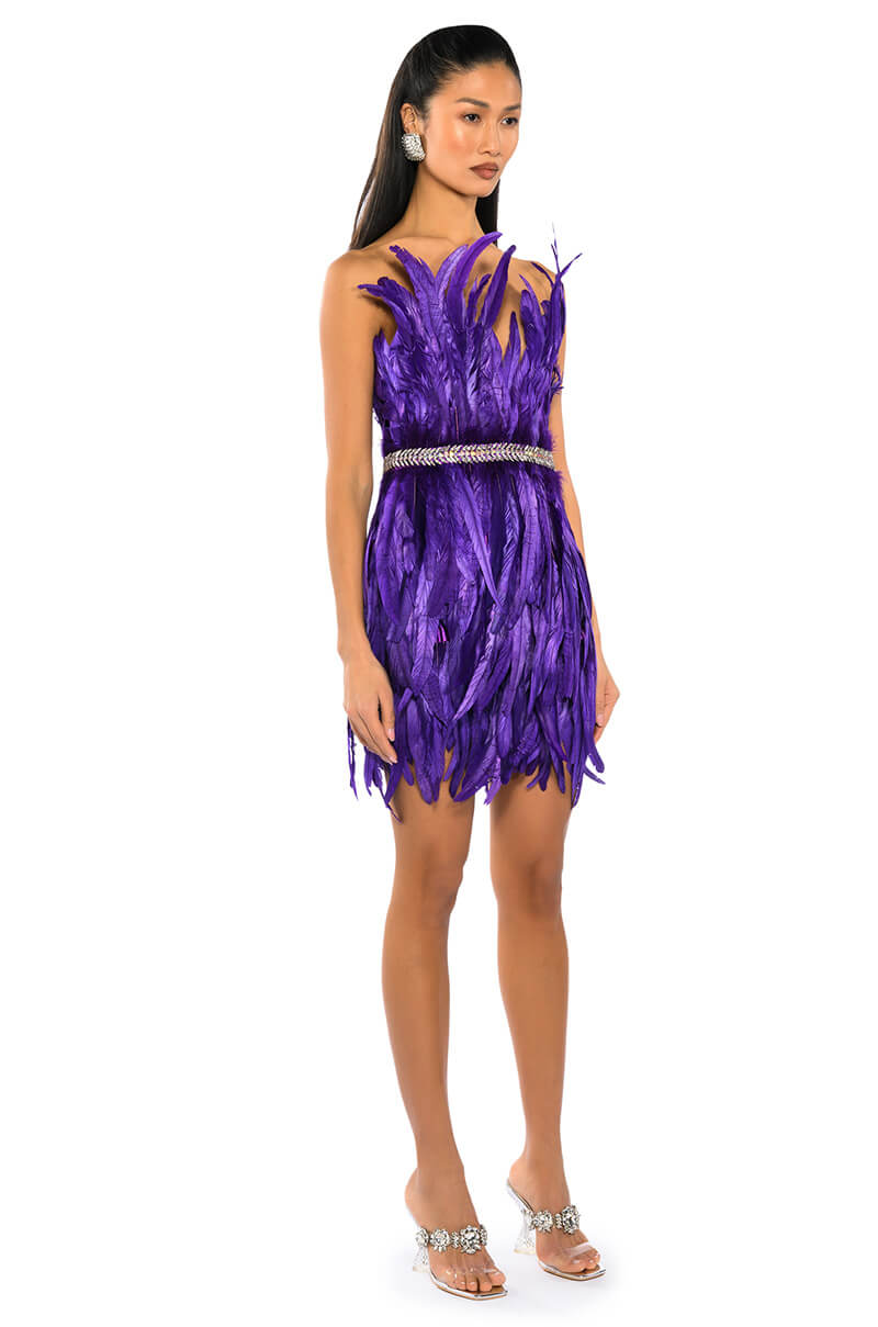 VIBRANT ALL OVER FEATHER STRAPLESS MINI DRESS