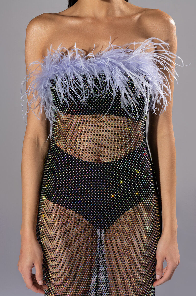 VIOLETTE RHINESTONE MESH FEATHER COLUMN DRESS