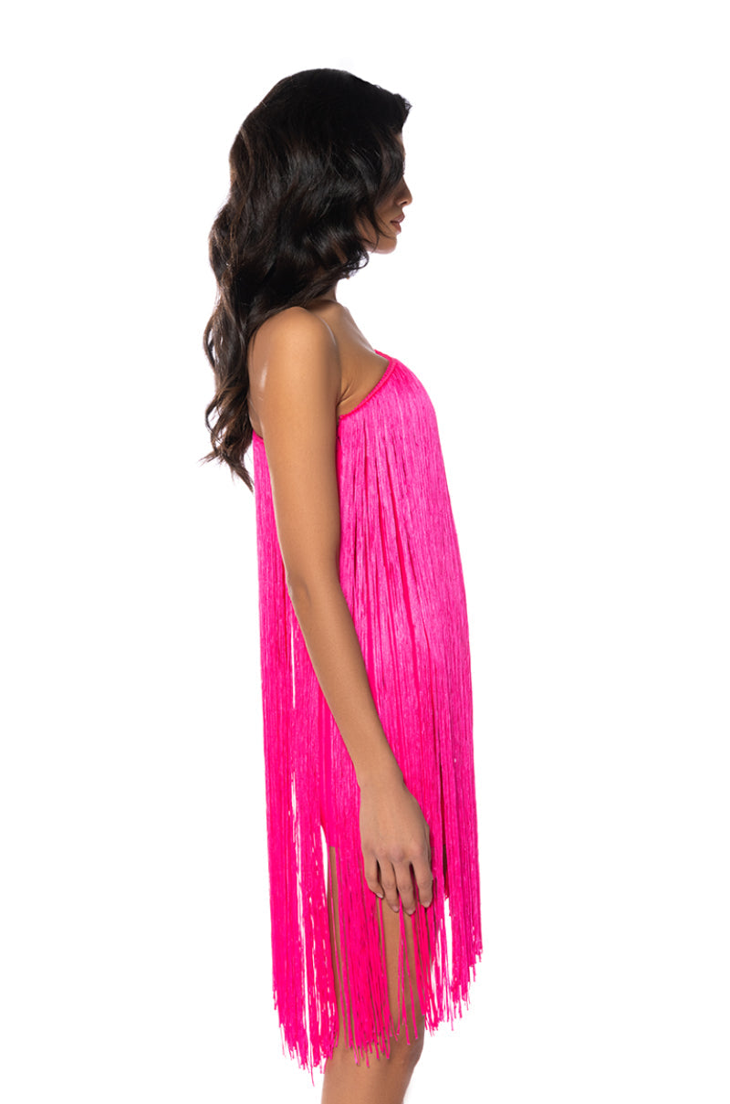ZASHA ONE SHOULDER BANDAGE WITH FRINGE MINI DRESS